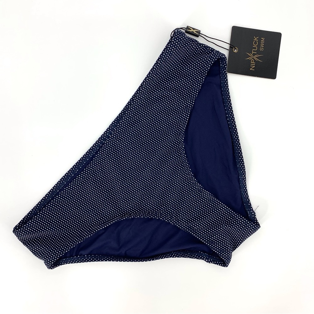 Nip Tuck NWT Navy with White Polka Dots Mid Rise Full Coverage Bikini Bottoms, 6